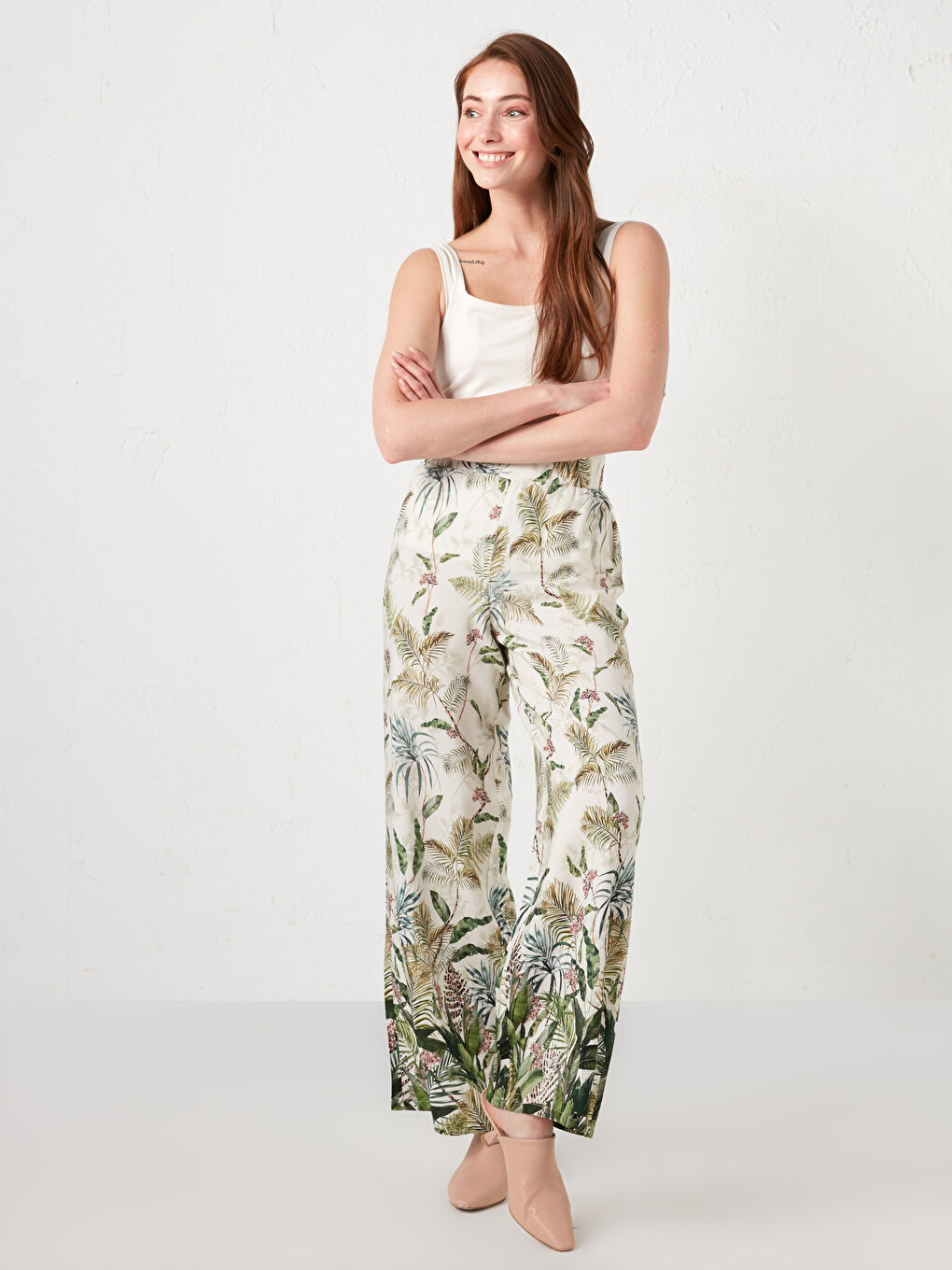 Pantaloni Damă Din Vâscoză Cu Imprimeu Și Talie Elastică-1