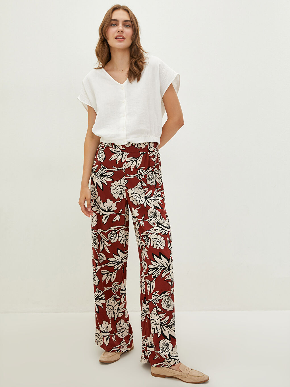 Bordo Beli Lastikli Baskılı Viskon Kadın Pantolon