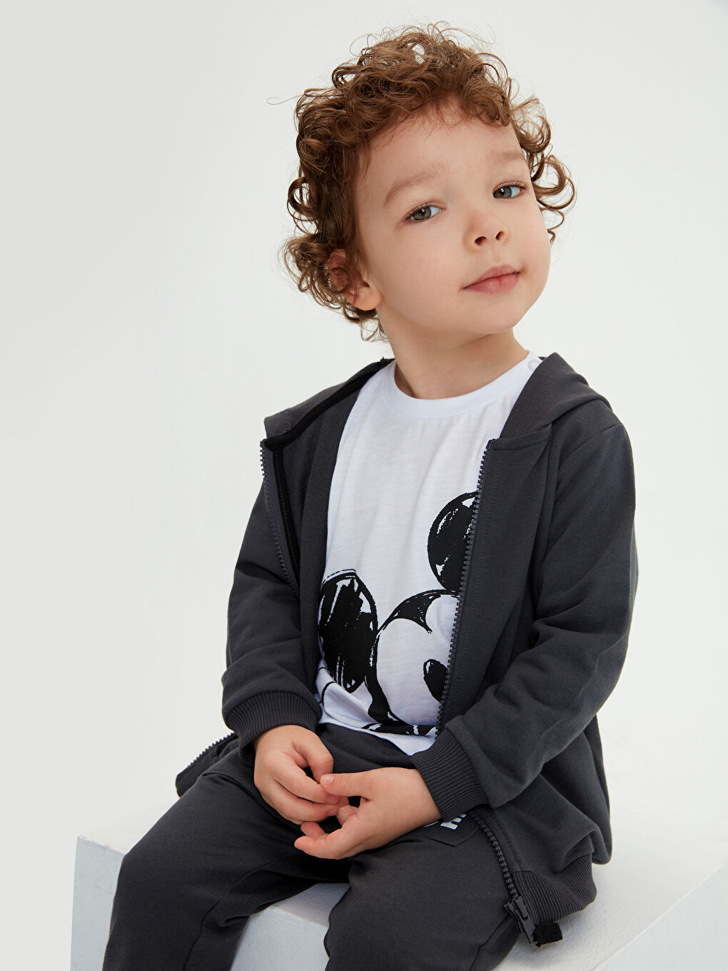 Antrasit Bisiklet Yaka Uzun Kollu Mickey Mouse Baskılı Erkek Bebek 3'lü Takım-3