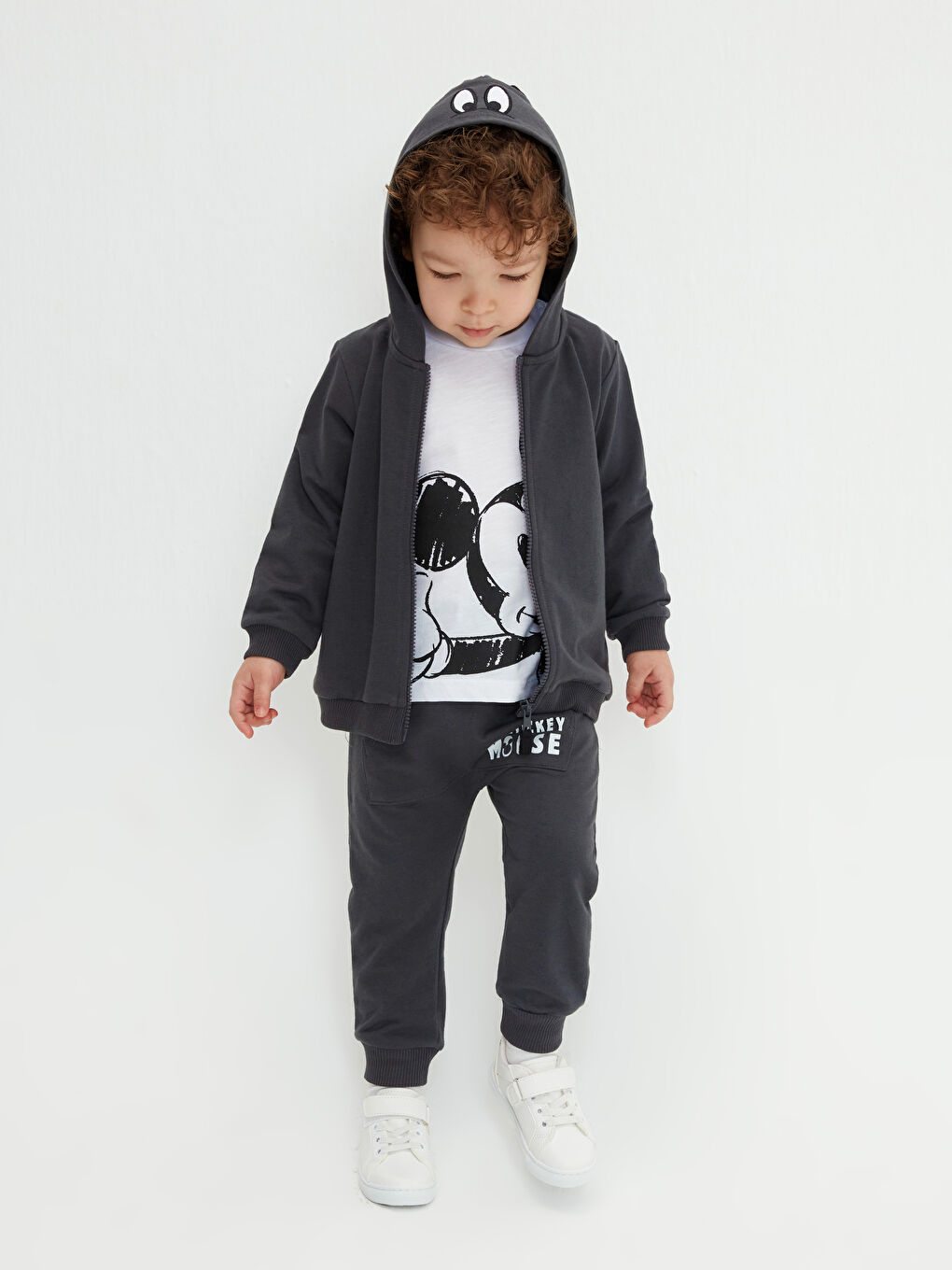Antrasit Bisiklet Yaka Uzun Kollu Mickey Mouse Baskılı Erkek Bebek 3'lü Takım