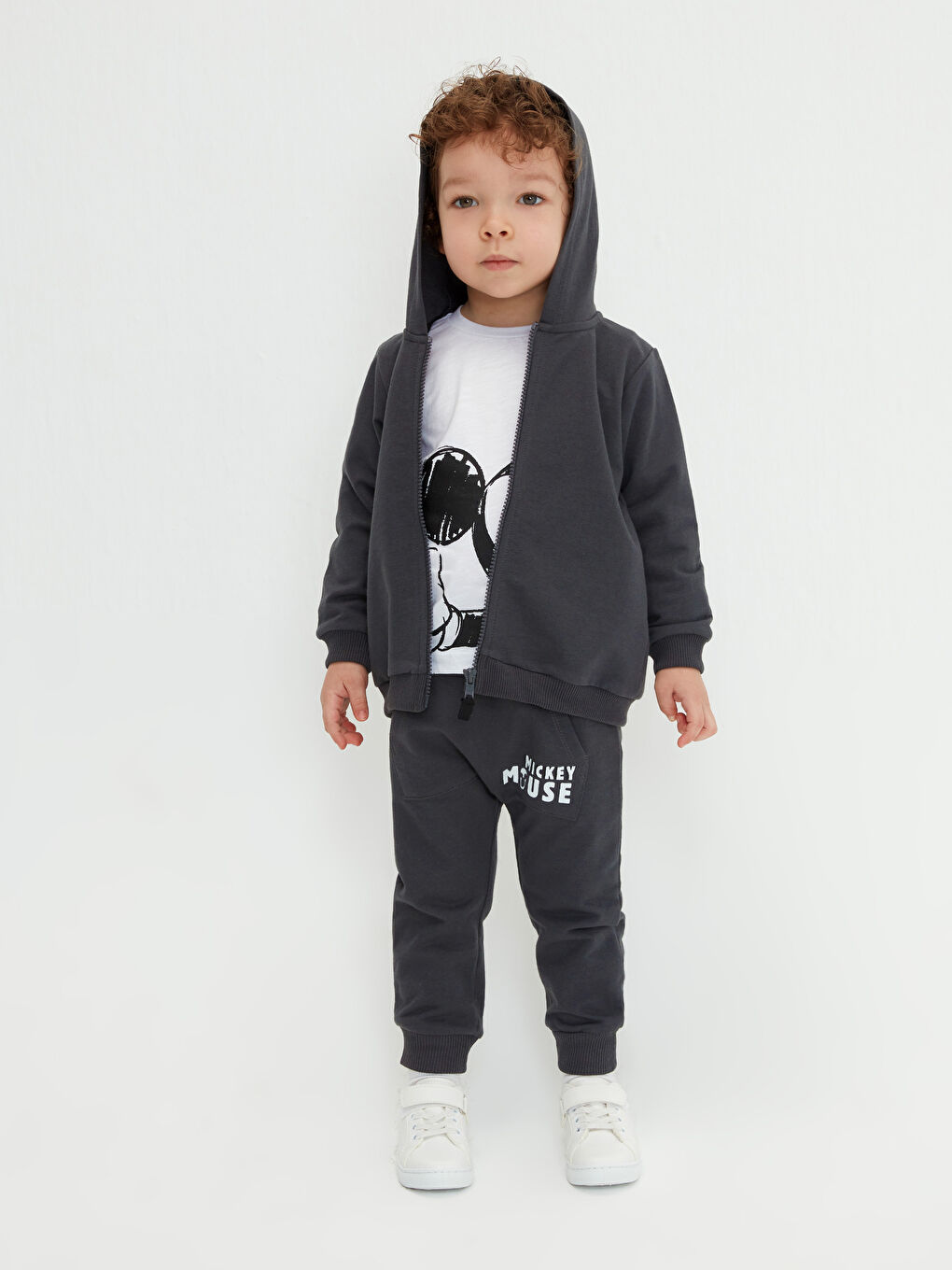 Antrasit Bisiklet Yaka Uzun Kollu Mickey Mouse Baskılı Erkek Bebek 3'lü Takım-5