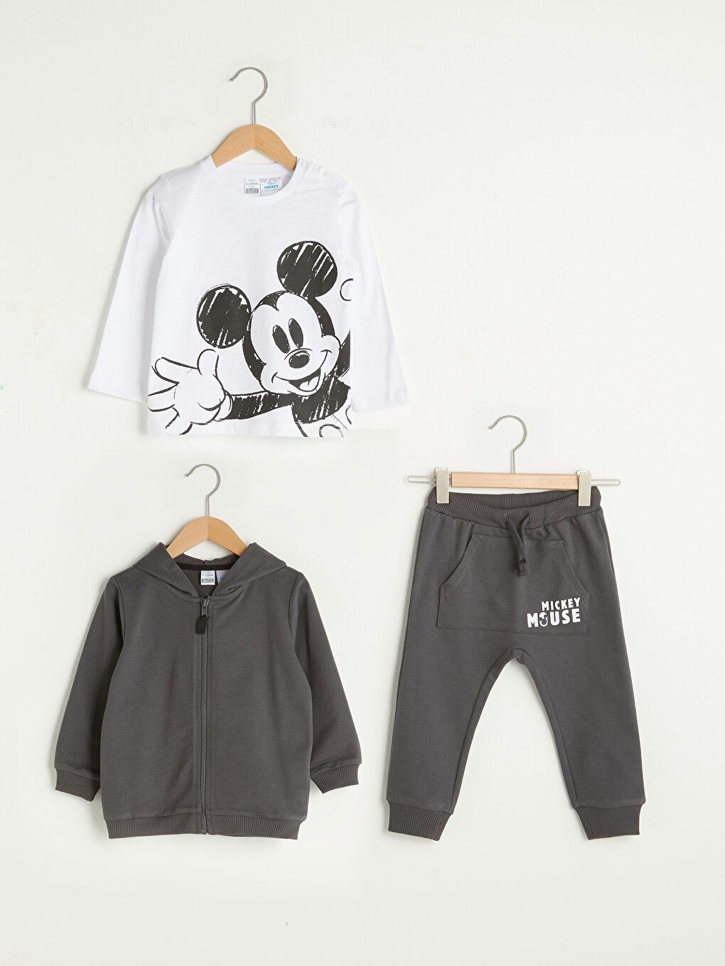 Antrasit Bisiklet Yaka Uzun Kollu Mickey Mouse Baskılı Erkek Bebek 3'lü Takım-6