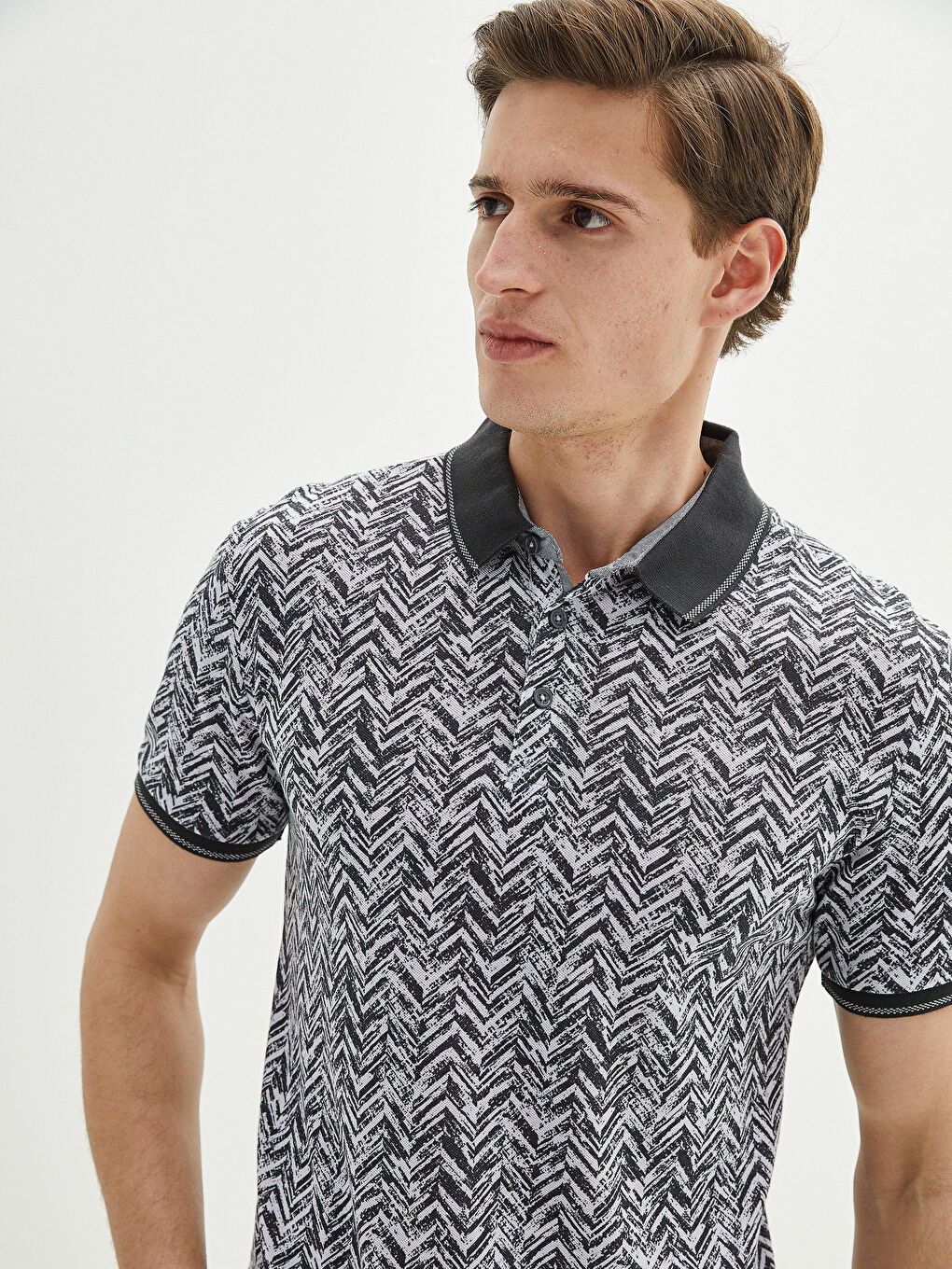 Antrasit Polo Yaka Kısa Kollu Desenli Pike Erkek Tişört-4