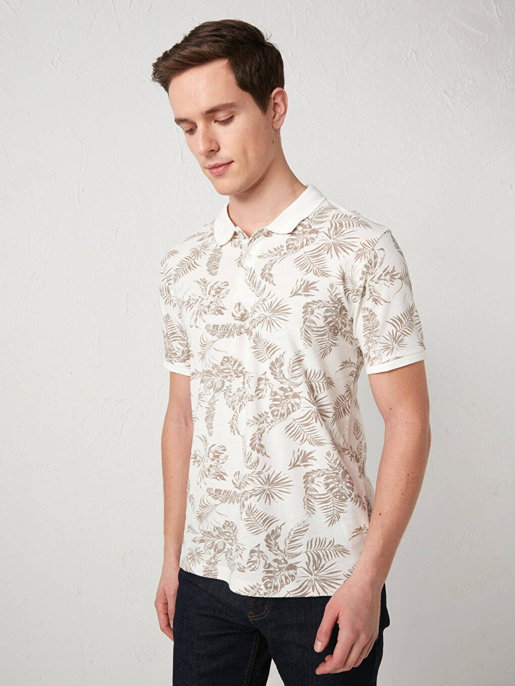 Ekru Polo Yaka Kısa Kollu Desenli Pike Erkek Tişört-7