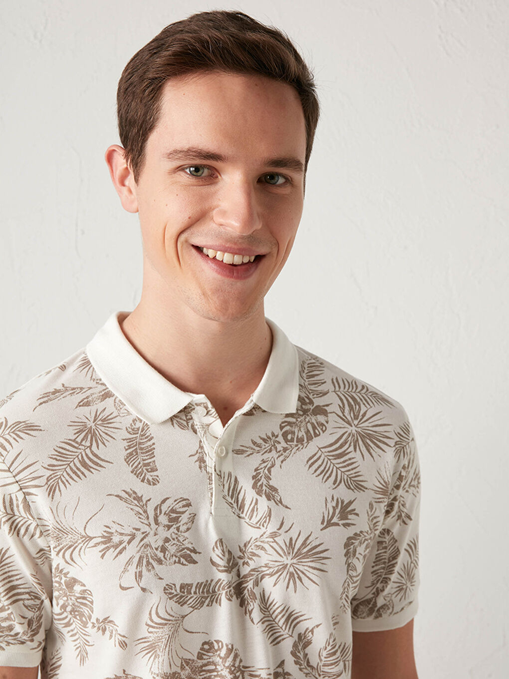 Ekru Polo Yaka Kısa Kollu Desenli Pike Erkek Tişört-8