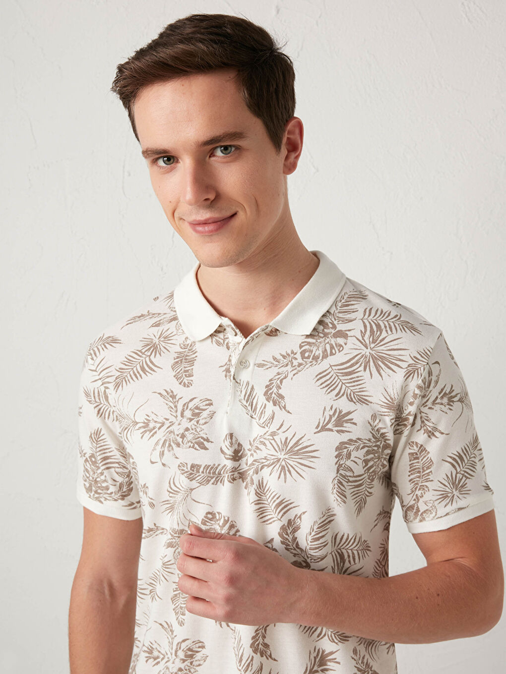 Ekru Polo Yaka Kısa Kollu Desenli Pike Erkek Tişört-9