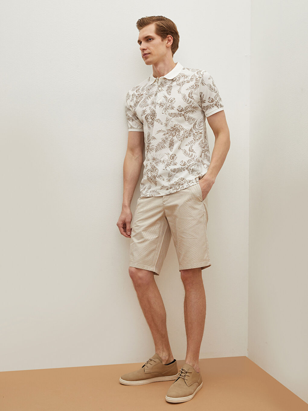 Ekru Polo Yaka Kısa Kollu Desenli Pike Erkek Tişört-5