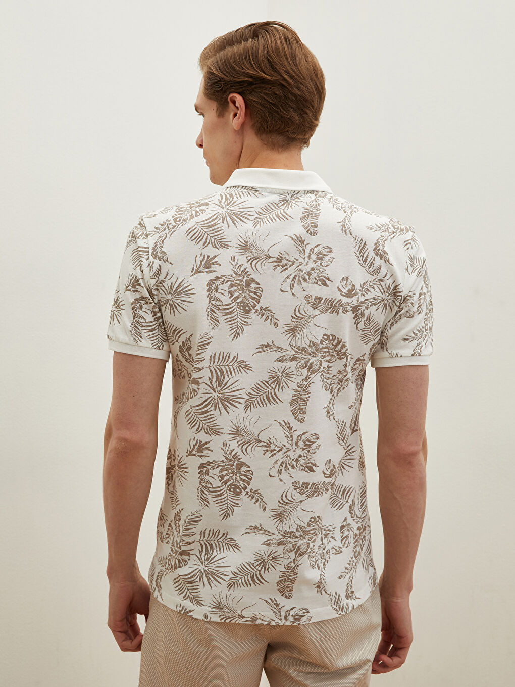 Ekru Polo Yaka Kısa Kollu Desenli Pike Erkek Tişört-6