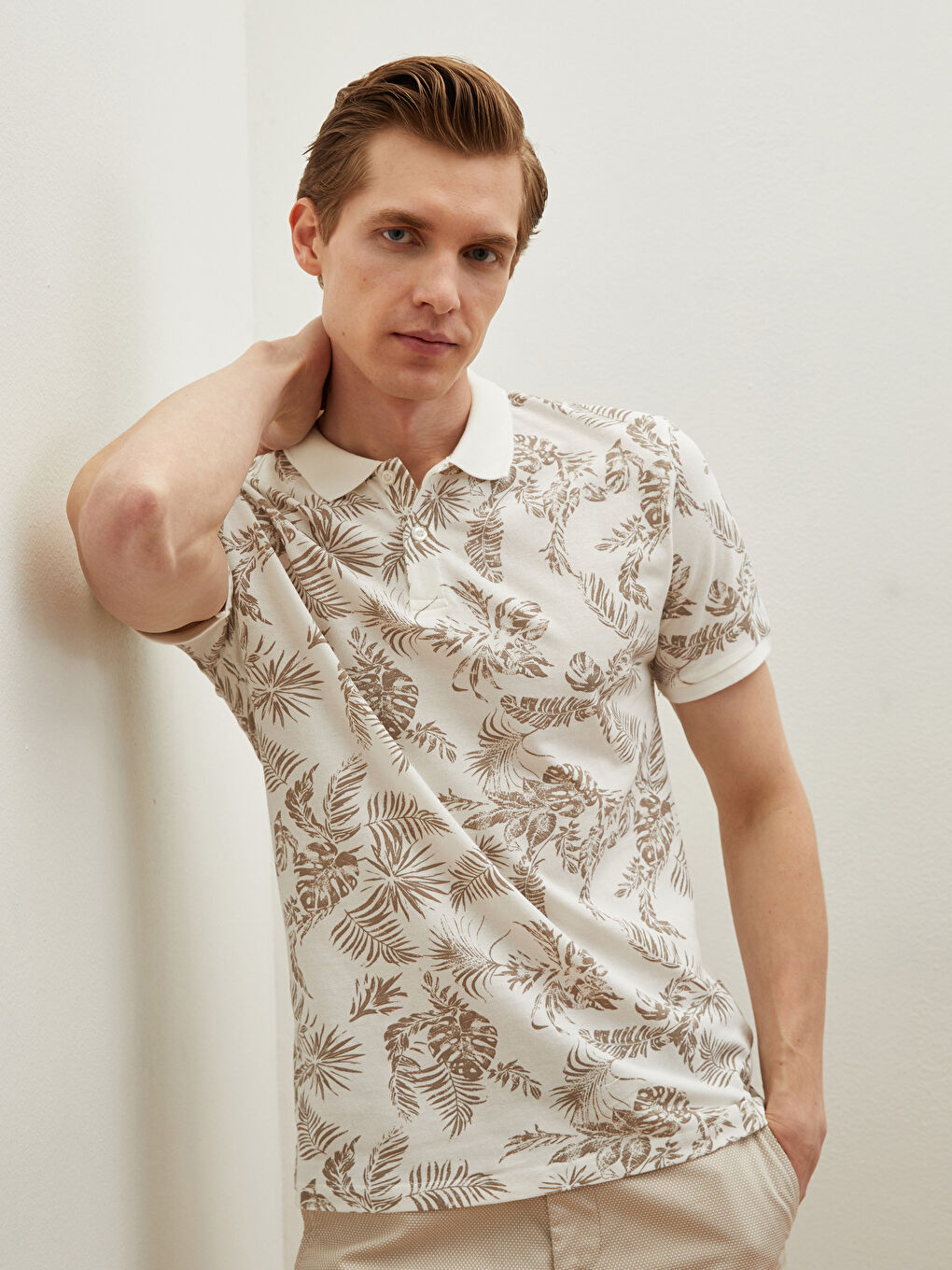 Ekru Polo Yaka Kısa Kollu Desenli Pike Erkek Tişört-2