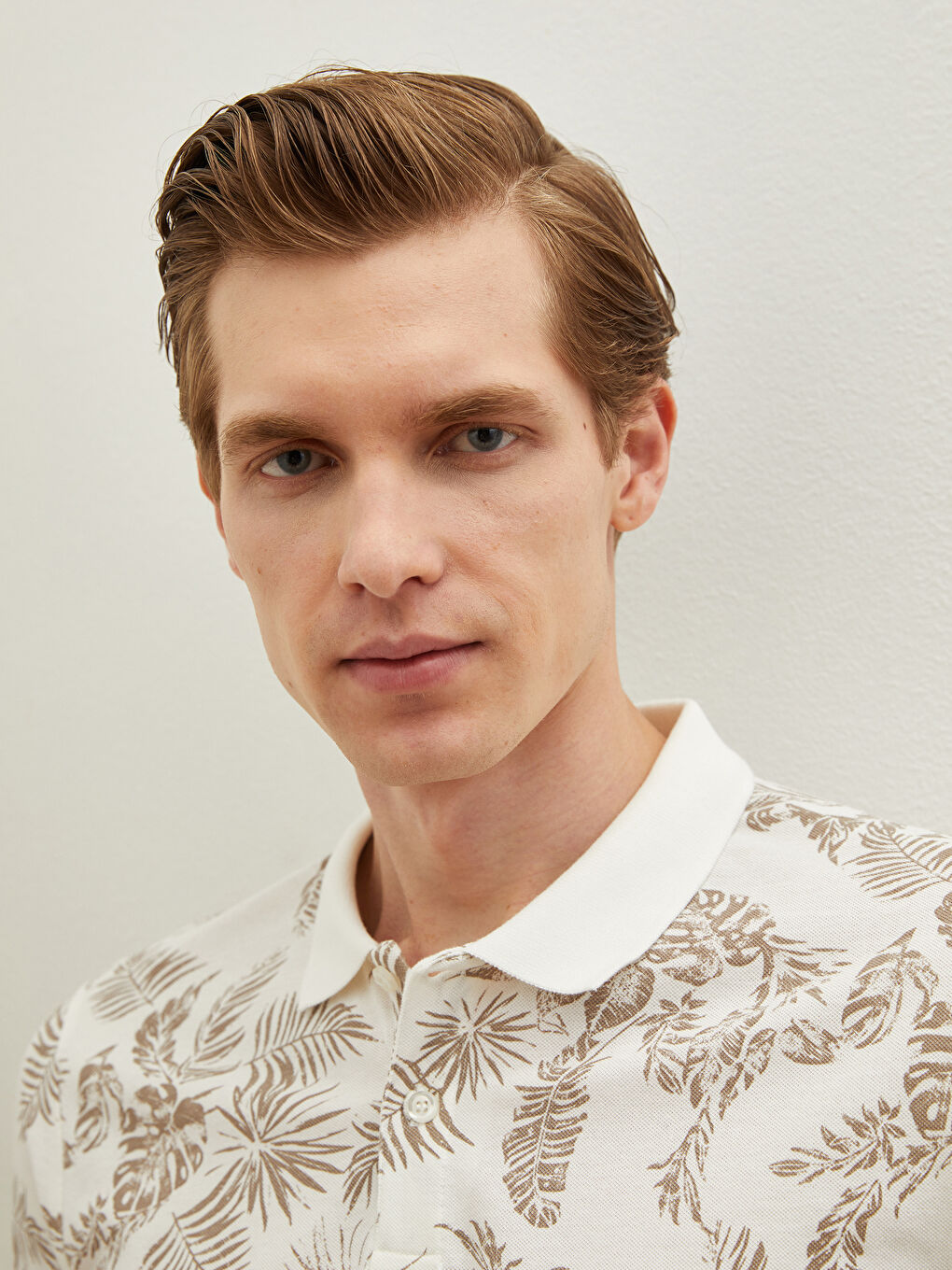 Ekru Polo Yaka Kısa Kollu Desenli Pike Erkek Tişört-3