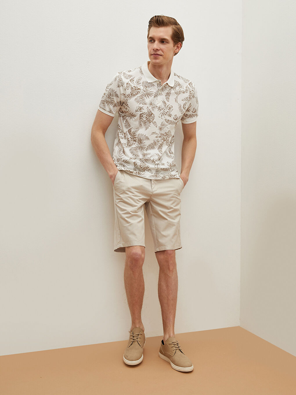 Ekru Polo Yaka Kısa Kollu Desenli Pike Erkek Tişört-4