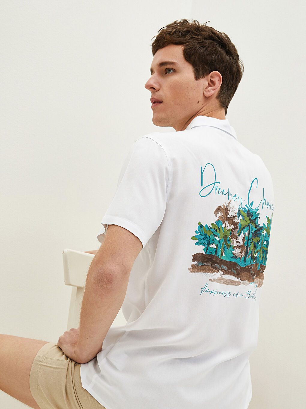 Beyaz Oversize Resort Yaka Kısa Kollu Poplin Erkek Gömlek-4