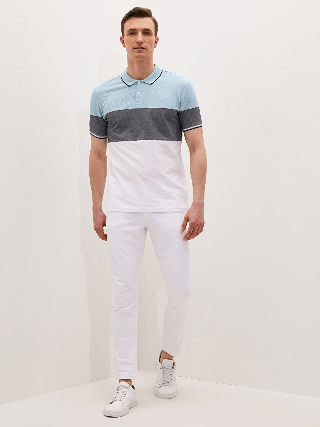 Yeşil Polo Yaka Kısa Kollu Renk Bloklu Erkek Tişört-1