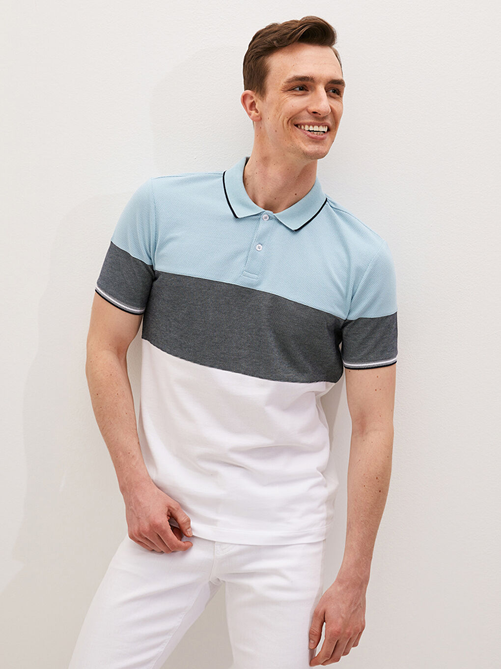 Yeşil Polo Yaka Kısa Kollu Renk Bloklu Erkek Tişört-4