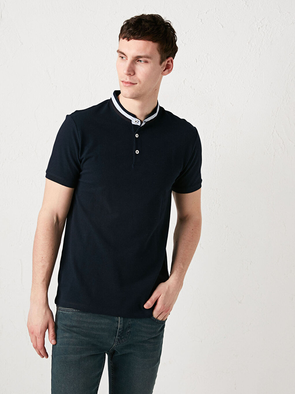 Lacivert Hakim Yaka Pike Erkek Tişört-4