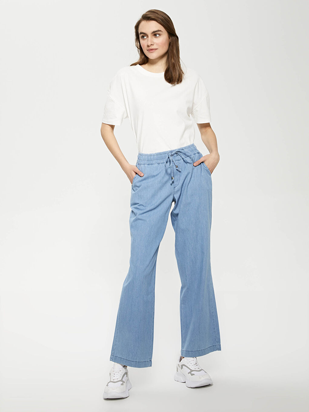 Bej Yüksek Bel Beli Lastikli Kadın Jean Pantolon-1