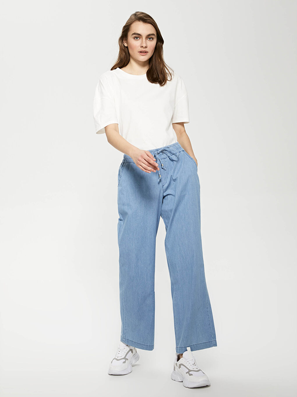 Bej Yüksek Bel Beli Lastikli Kadın Jean Pantolon-2