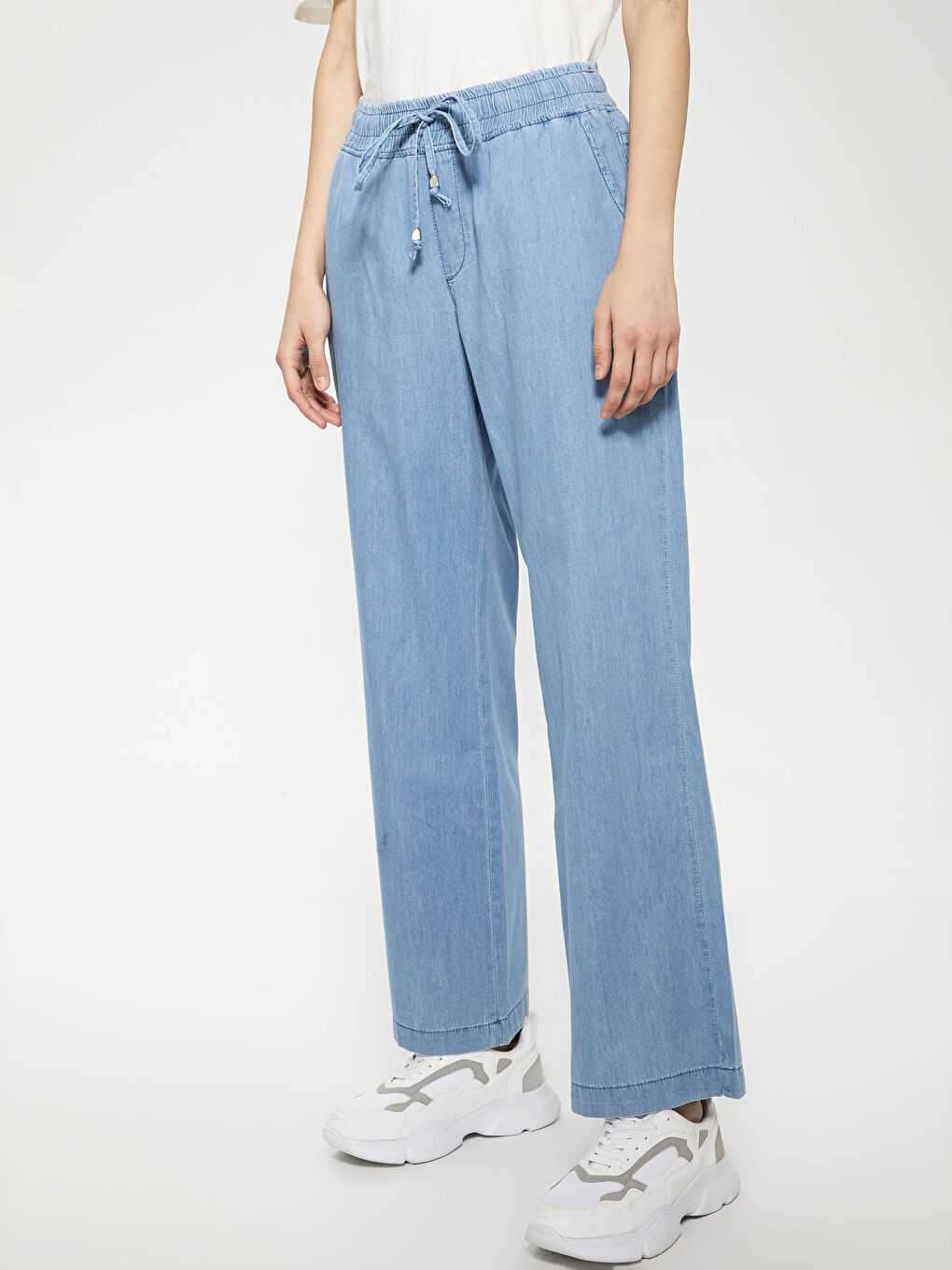 Bej Yüksek Bel Beli Lastikli Kadın Jean Pantolon-3