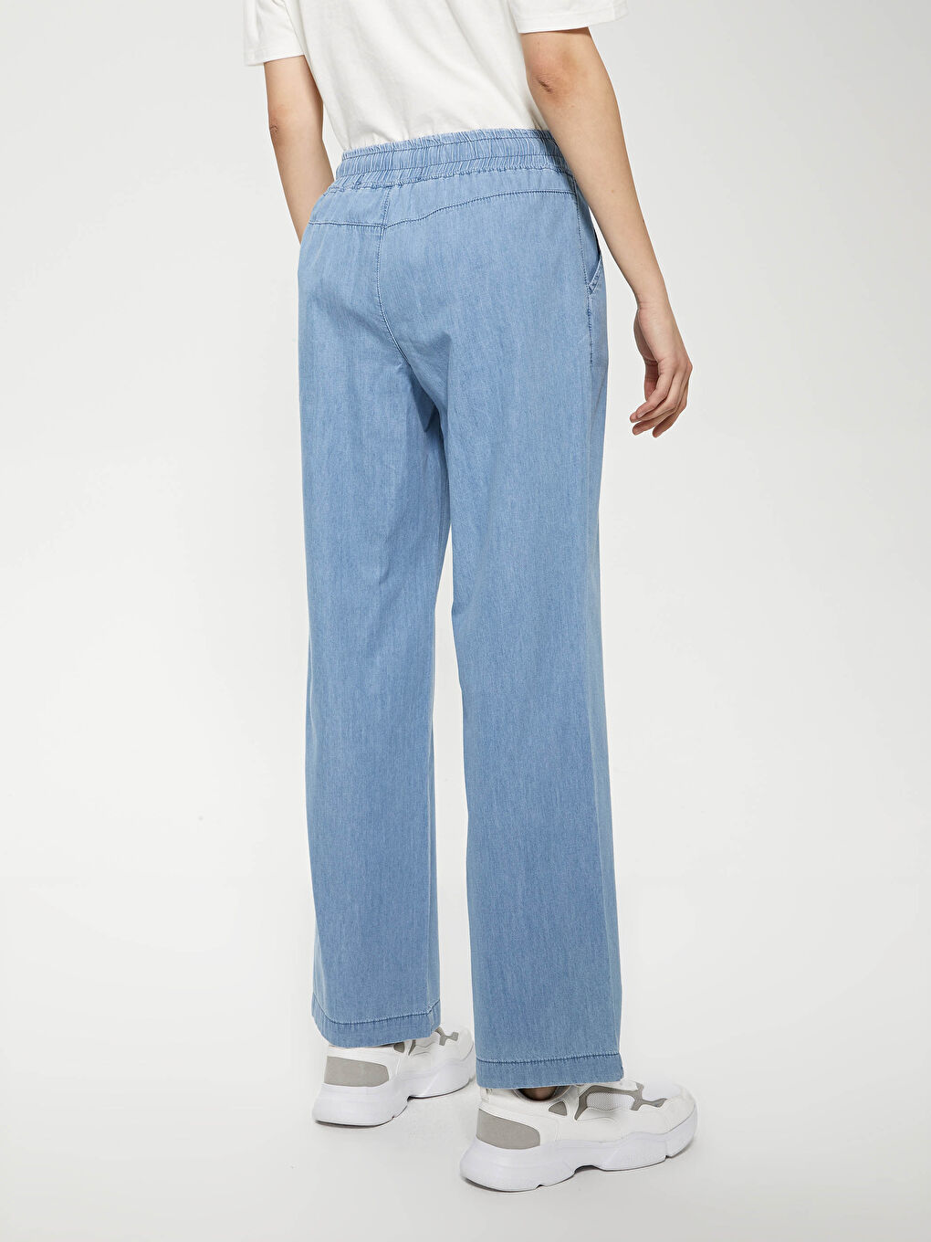 Bej Yüksek Bel Beli Lastikli Kadın Jean Pantolon-4