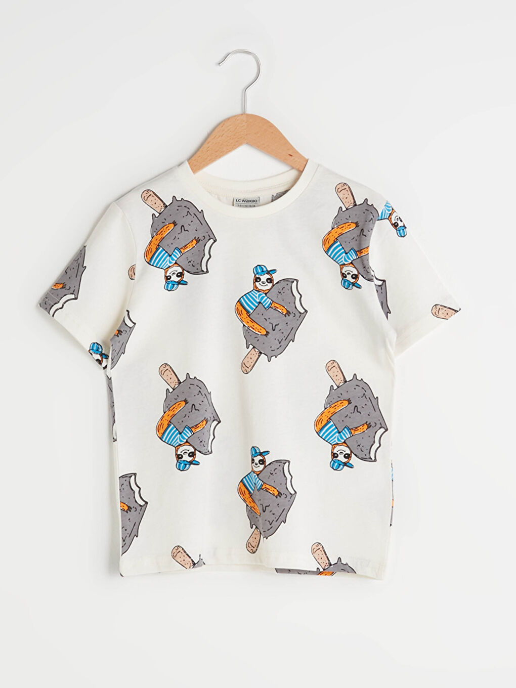 Ekru Bisiklet Yaka Baskılı Kısa Kollu Pamuklu Erkek Çocuk Tişört