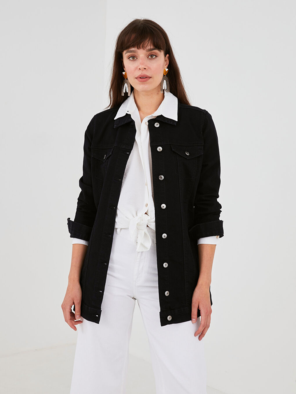 Shirt Collar Pocket Detailed Long Sleeve Women's Jean Jacket-2