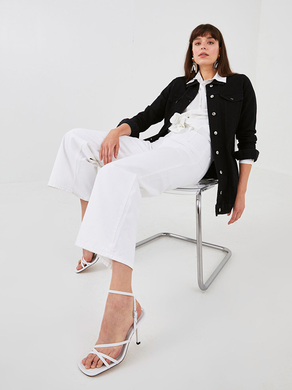 Shirt Collar Pocket Detailed Long Sleeve Women's Jean Jacket-3