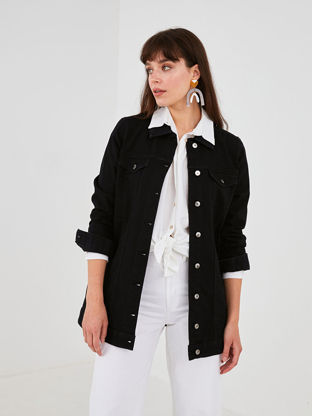 Shirt Collar Pocket Detailed Long Sleeve Women's Jean Jacket-1