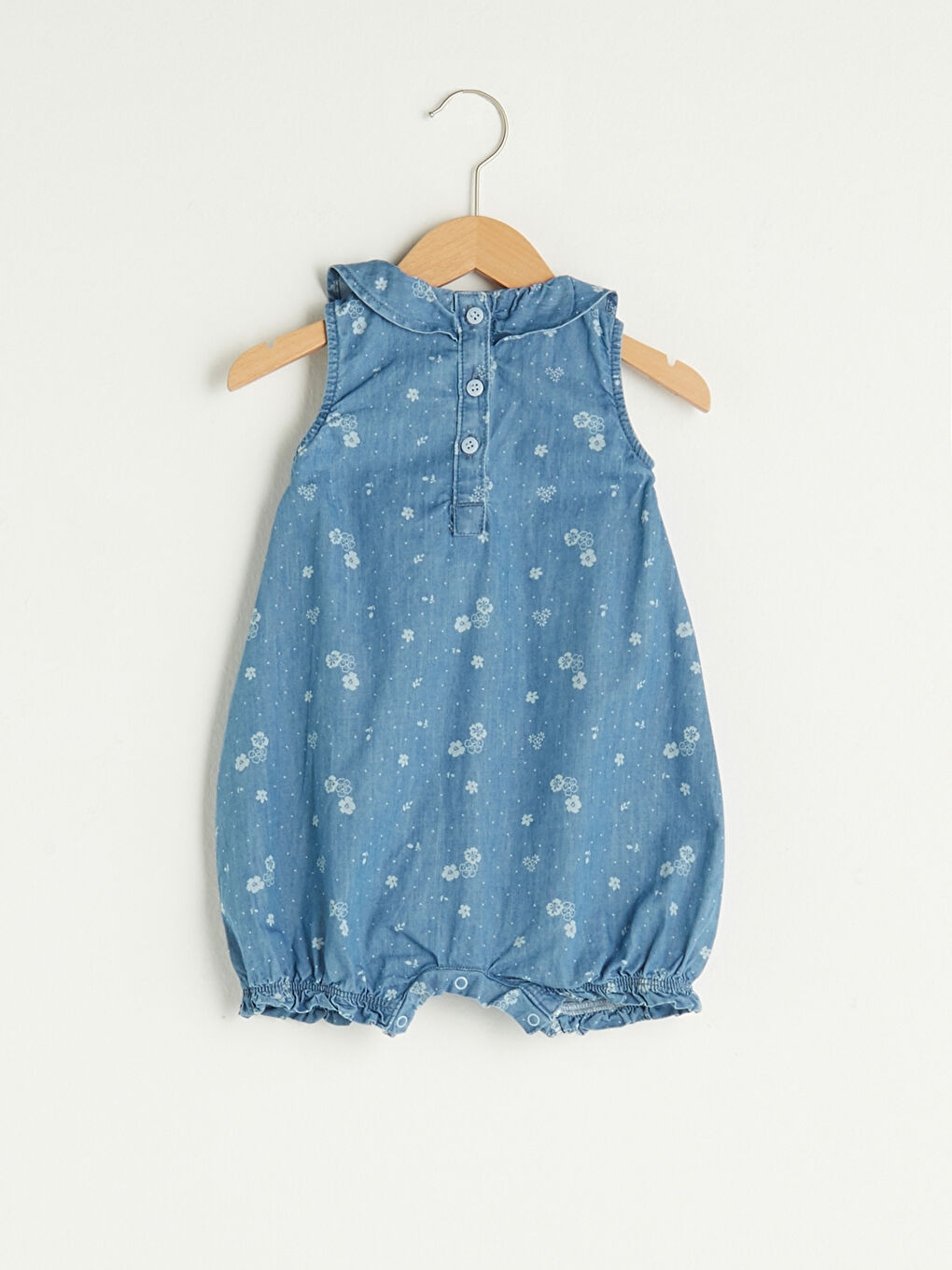 Frilly Crew Neck Patterned Baby Girl Jean Jumpsuit-1