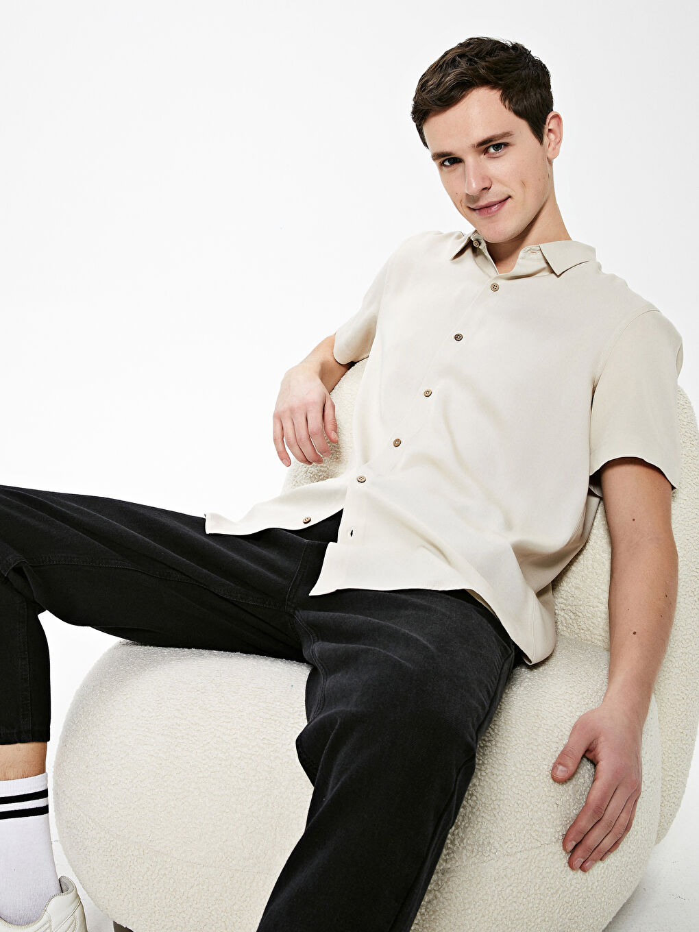 Bej Regular Fit Kısa Kollu Gabardin Erkek Gömlek-2