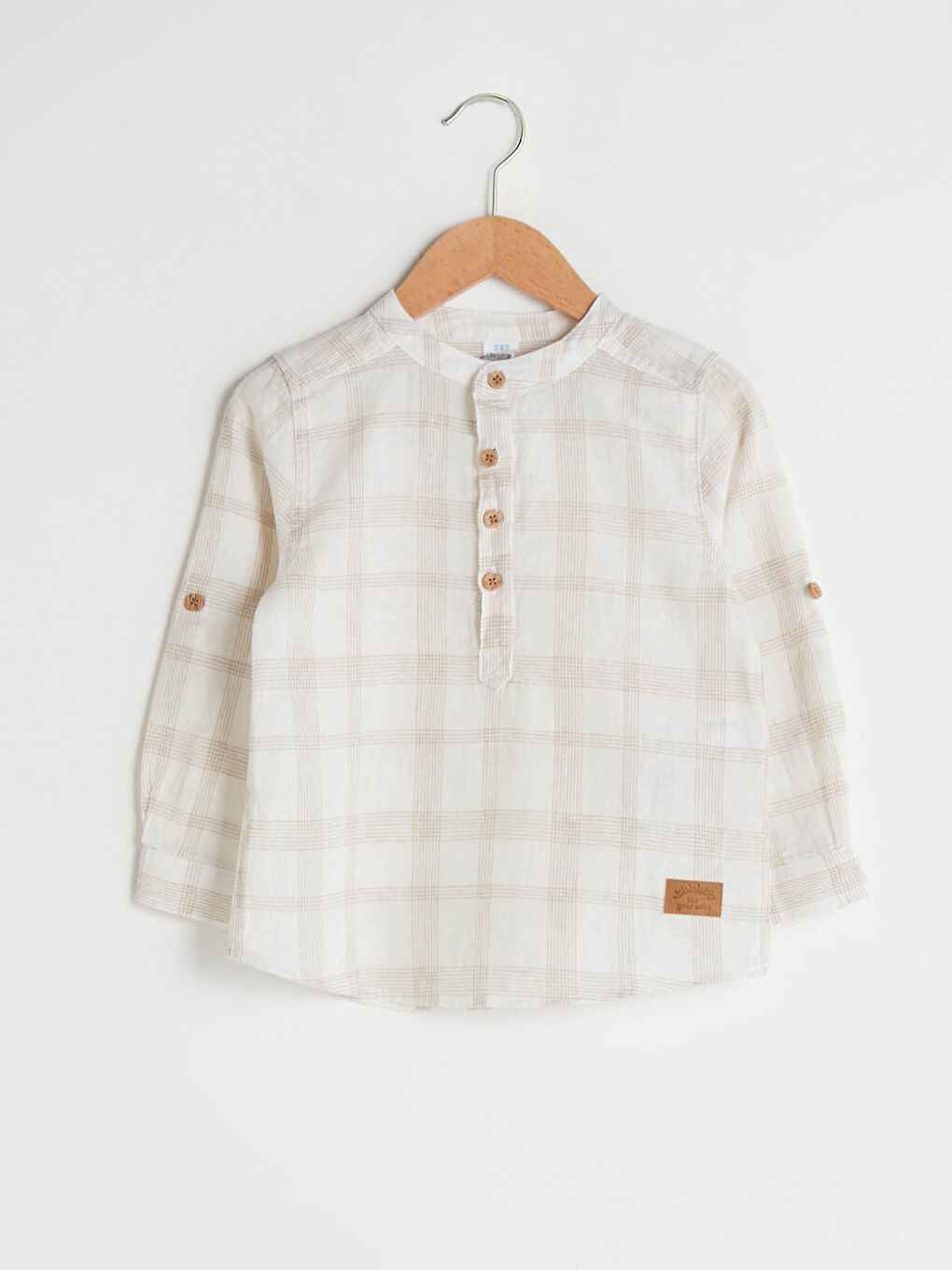 Grandad Collar Long Sleeve Plaid Baby Boy Shirt