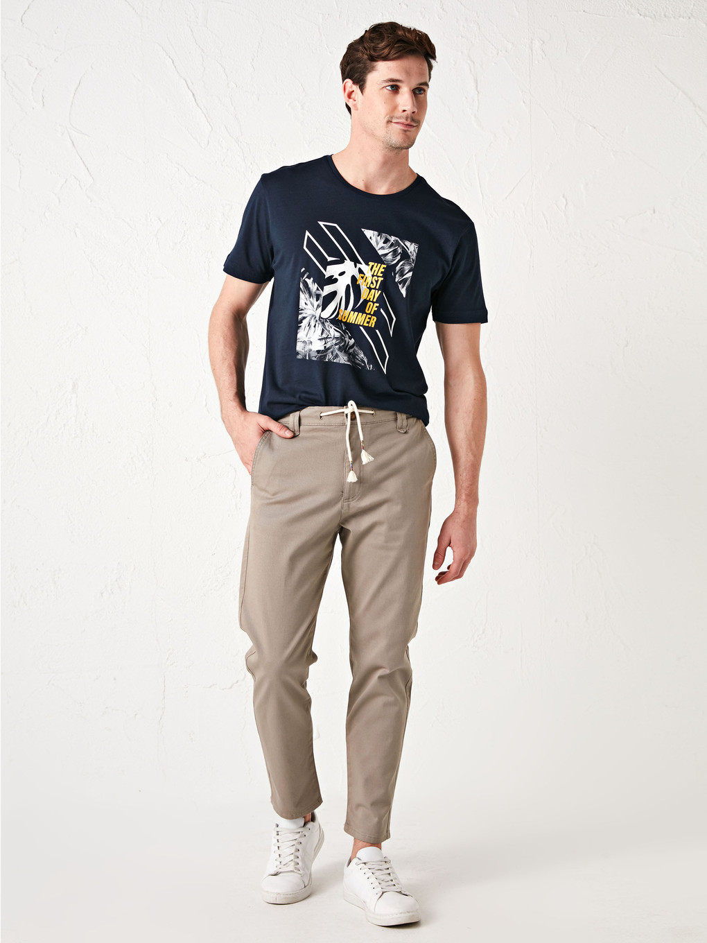 Bej Slim Fit Crop Gabardin Erkek Pantolon