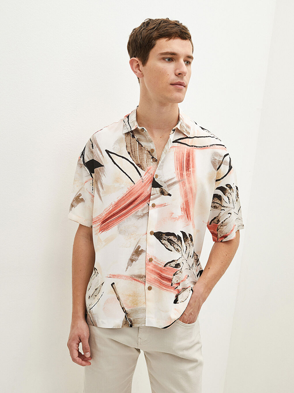 Gri Oversize Resort Yaka Kısa Kollu Poplin Erkek Gömlek-3