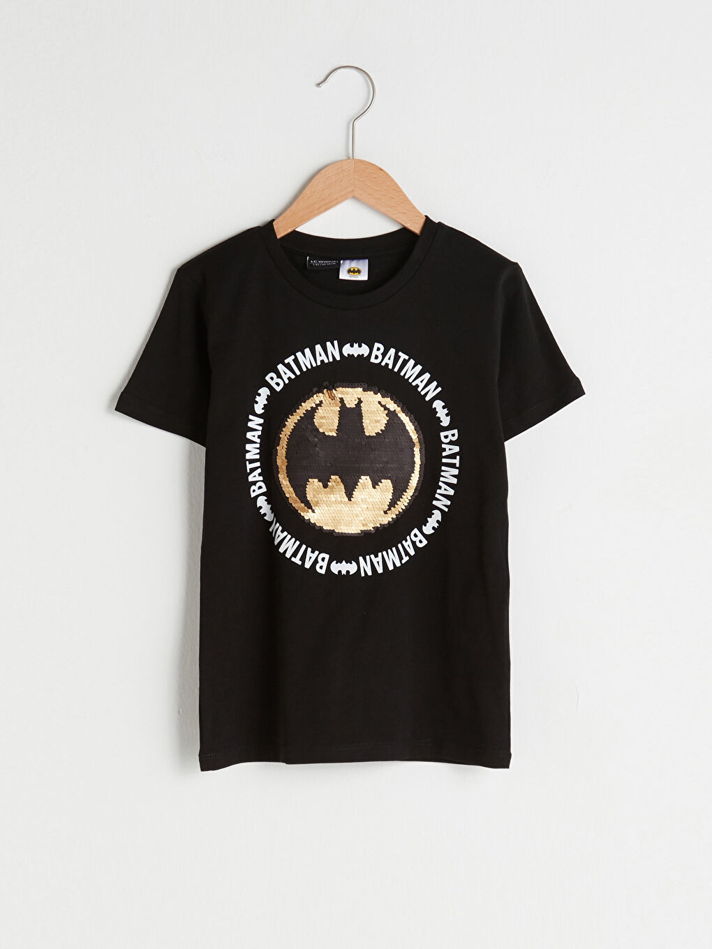 Siyah Bisiklet Yaka Batman Baskılı Çift Yönlü Payetli Kısa Kollu Pamuklu Erkek Çocuk Tişört