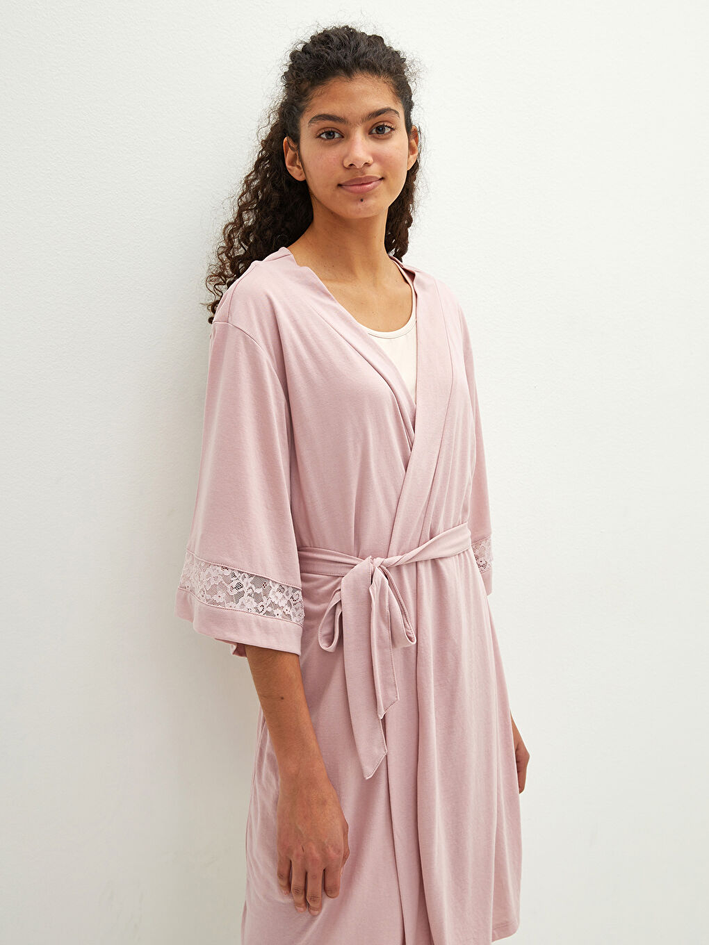 Kruvaze Yaka Dantel Detaylı Beli Bağlamalı Lohusa Sabahlık-2