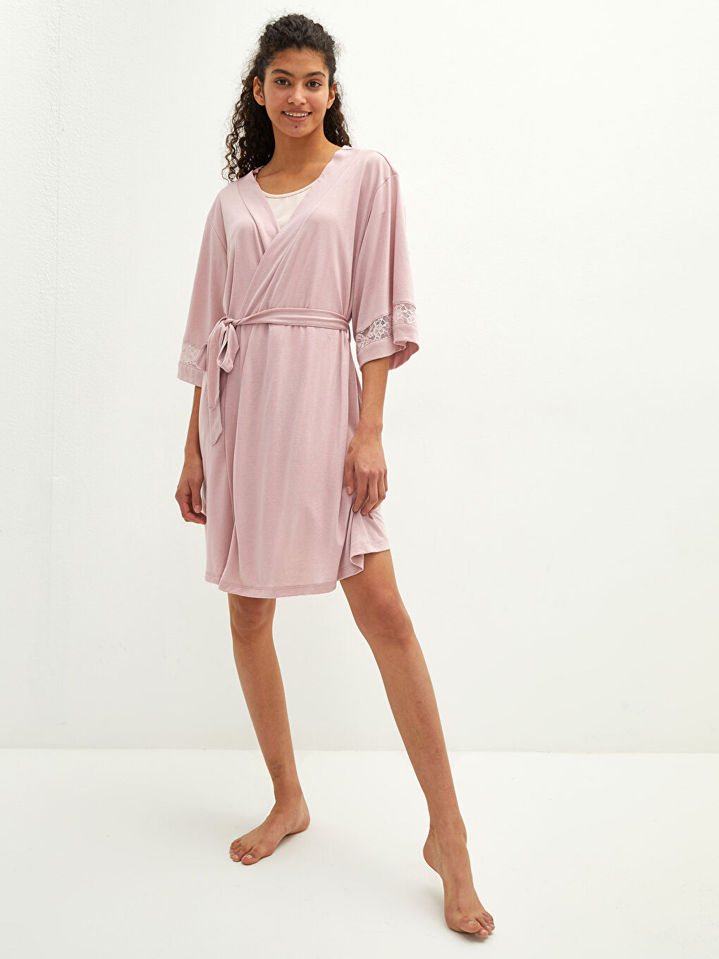 Kruvaze Yaka Dantel Detaylı Beli Bağlamalı Lohusa Sabahlık-1