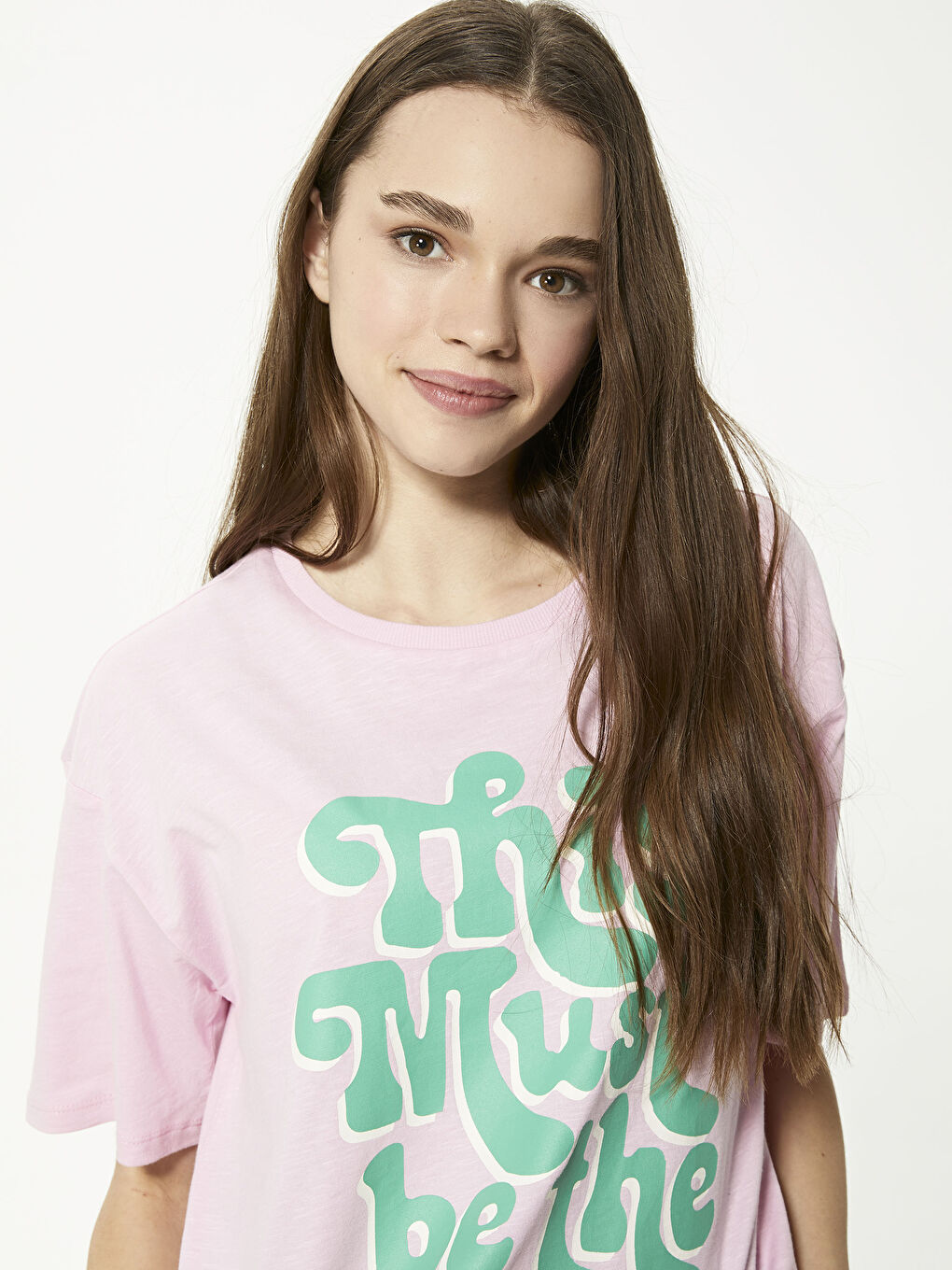 Pembe Bisiklet Yaka Baskılı Kısa Kollu Kadın Pijama Üst-2