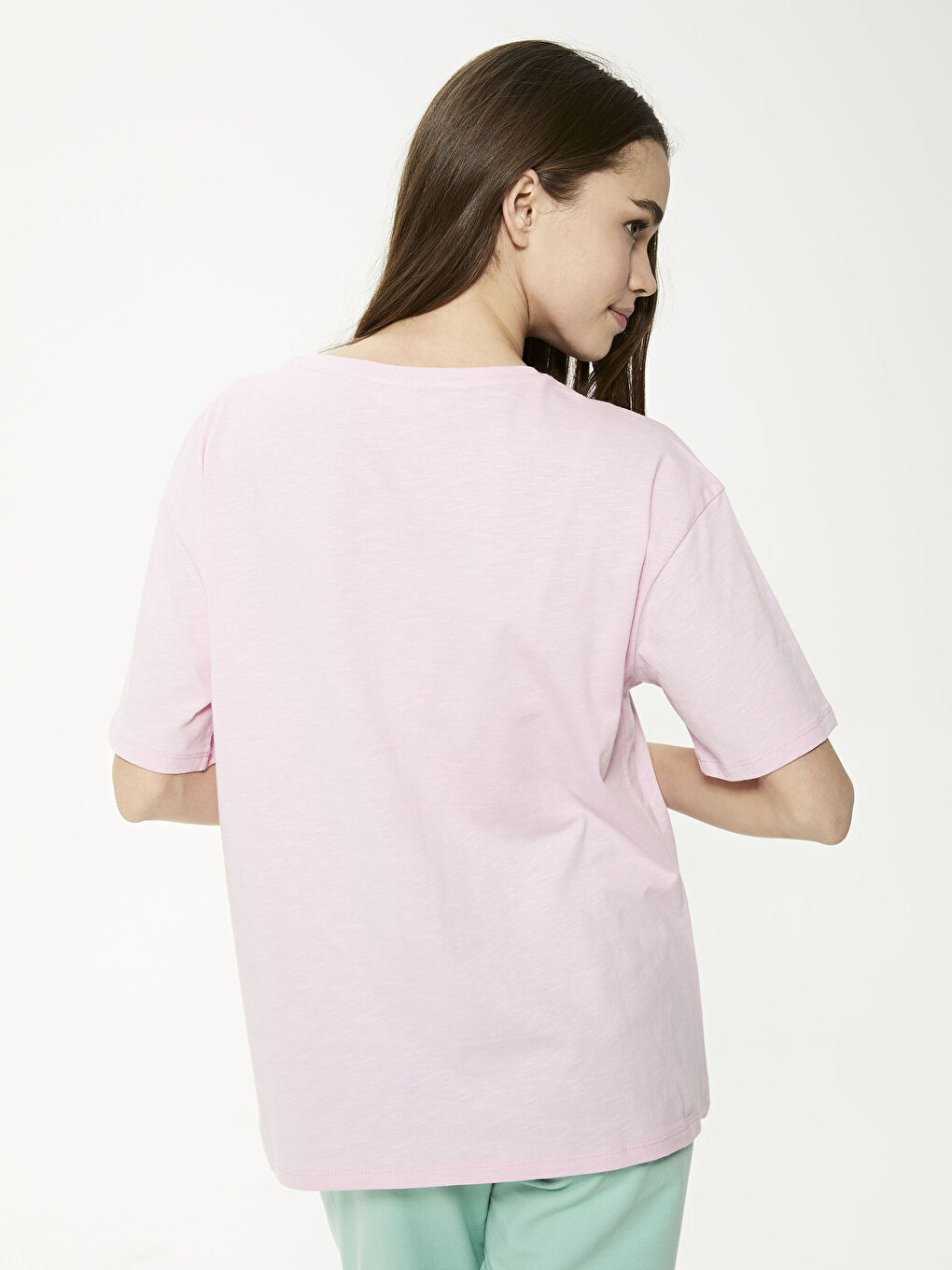 Pembe Bisiklet Yaka Baskılı Kısa Kollu Kadın Pijama Üst-3