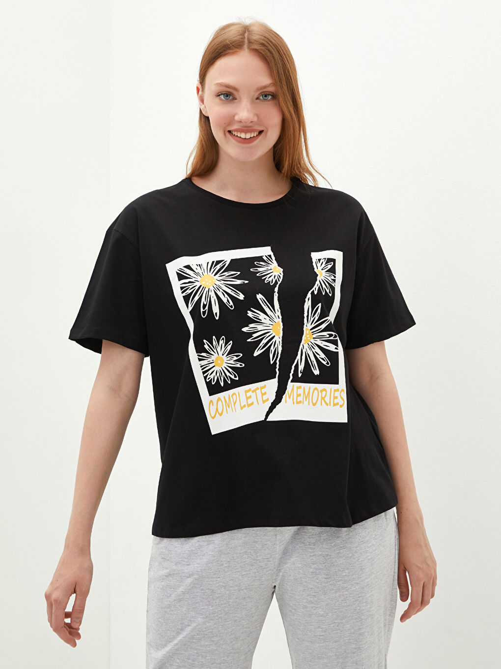 Gri Bisiklet Yaka Baskılı Kısa Kollu Kadın Pijama Takımı-2