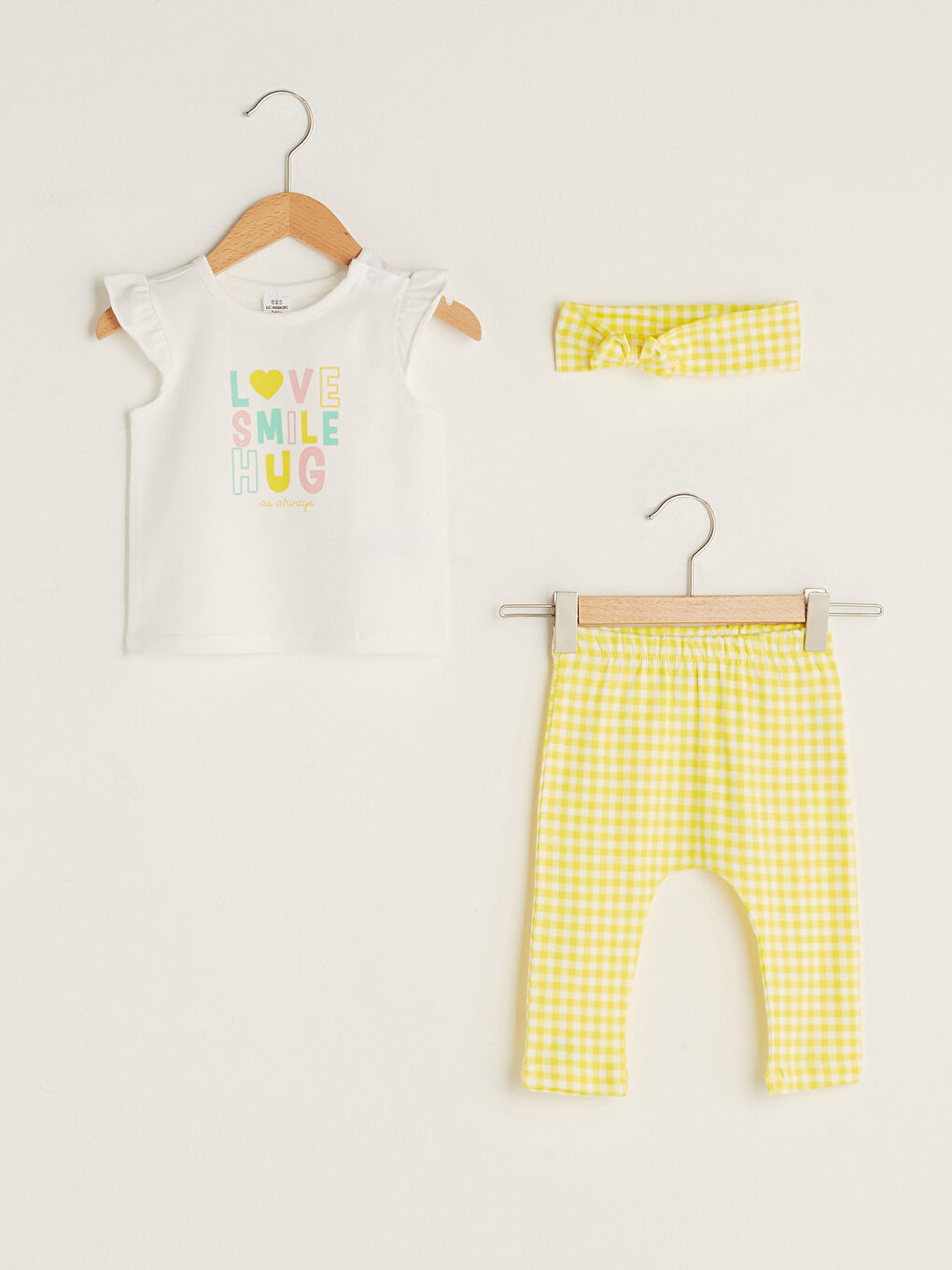 Ekru Bisiklet Yaka Baskılı Kız Bebek Tişört Tayt ve Saç Bandı 3'lü Takım