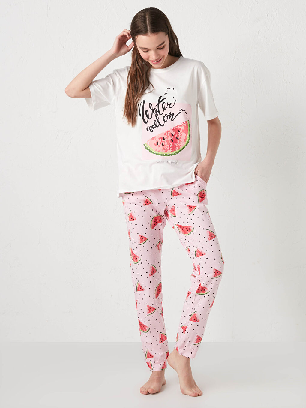 Pembe Bisiklet Yaka Baskılı Kısa Kollu Pamuklu Kadın Pijama Takımı-5