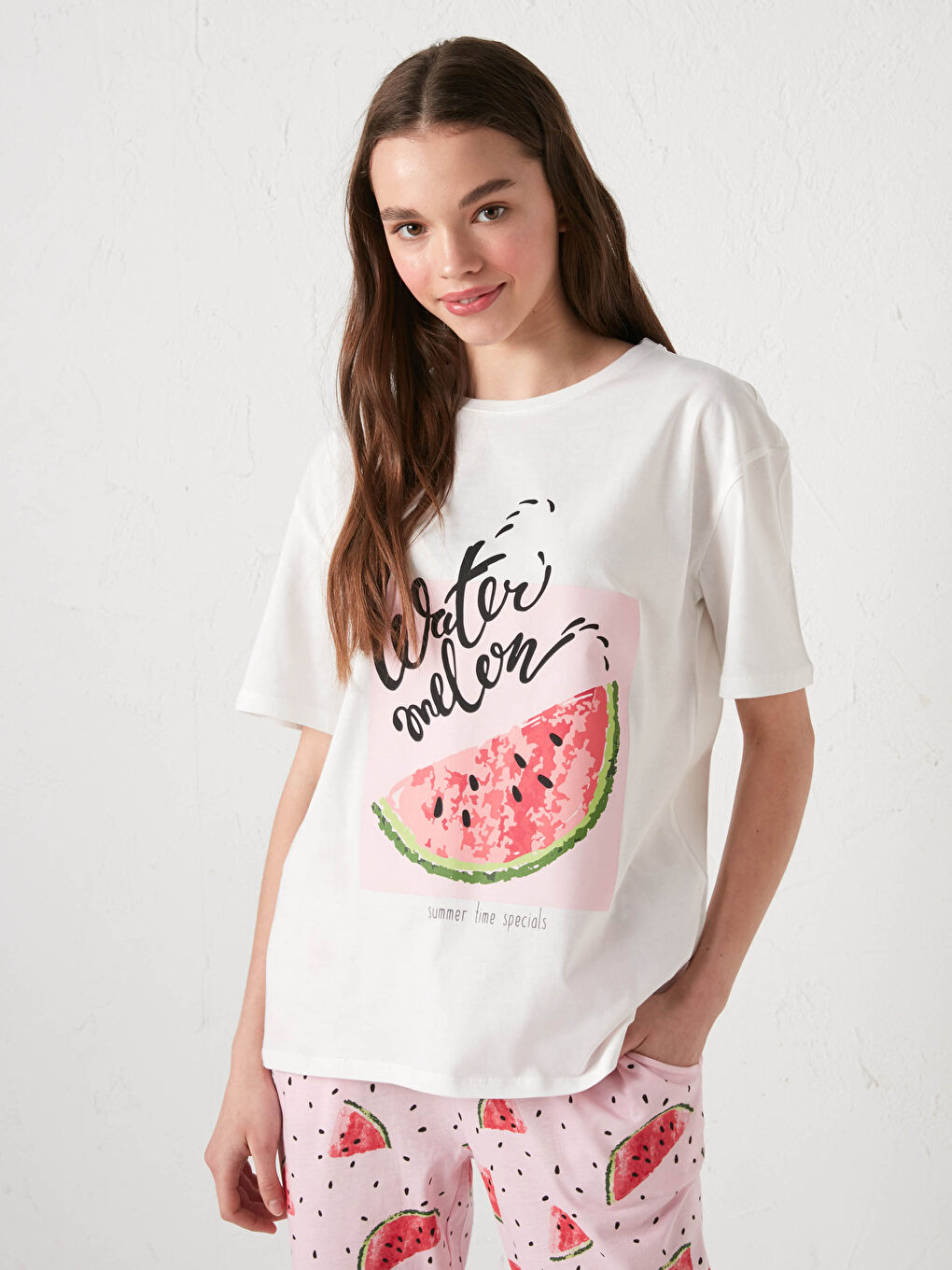 Pembe Bisiklet Yaka Baskılı Kısa Kollu Pamuklu Kadın Pijama Takımı-6