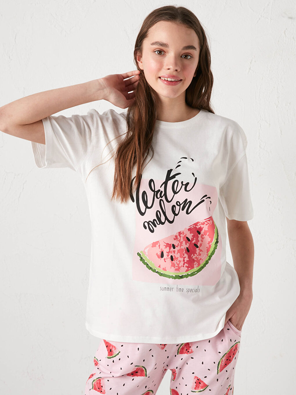 Pembe Bisiklet Yaka Baskılı Kısa Kollu Pamuklu Kadın Pijama Takımı-7