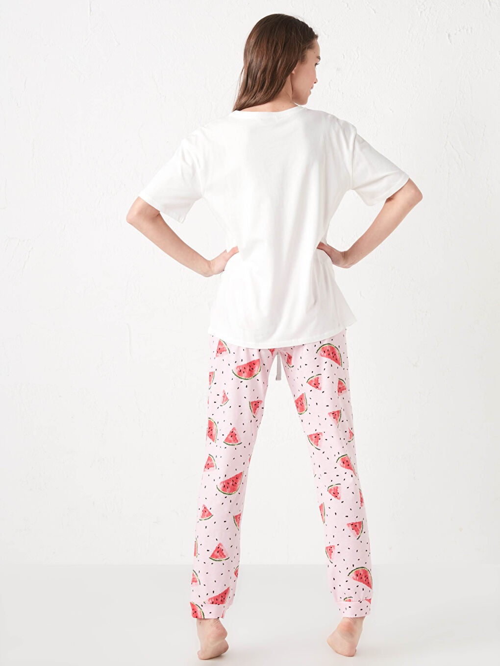 Pembe Bisiklet Yaka Baskılı Kısa Kollu Pamuklu Kadın Pijama Takımı-9