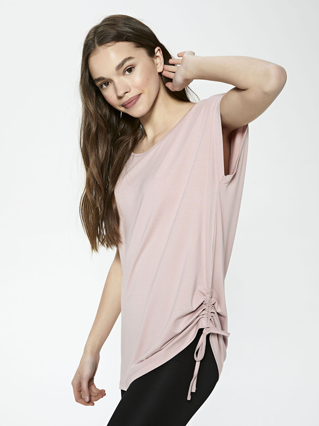 Pembe Bisiklet Yaka Düz Kısa Kollu Kadın Pijama Üst-1