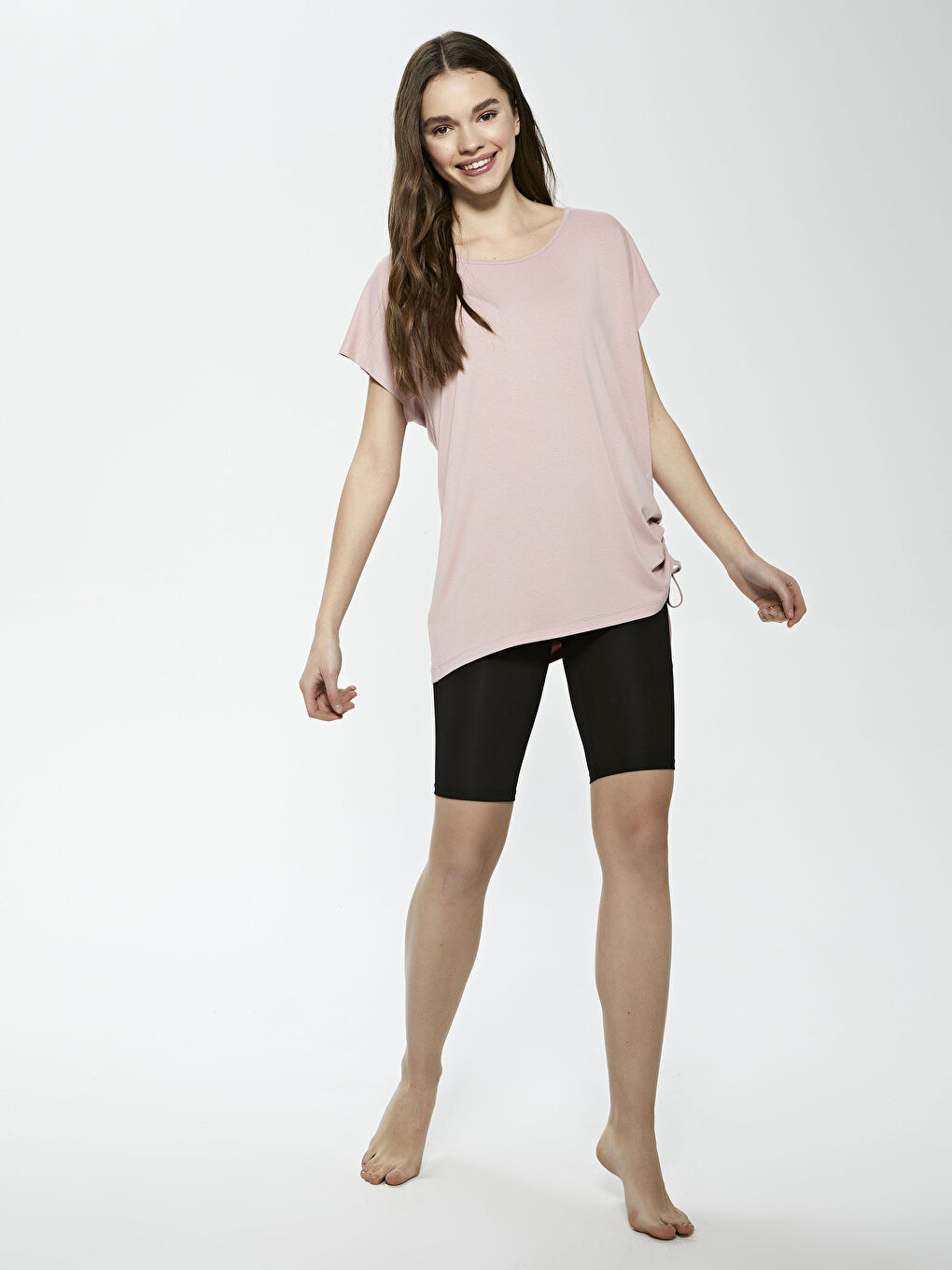 Pembe Bisiklet Yaka Düz Kısa Kollu Kadın Pijama Üst-3