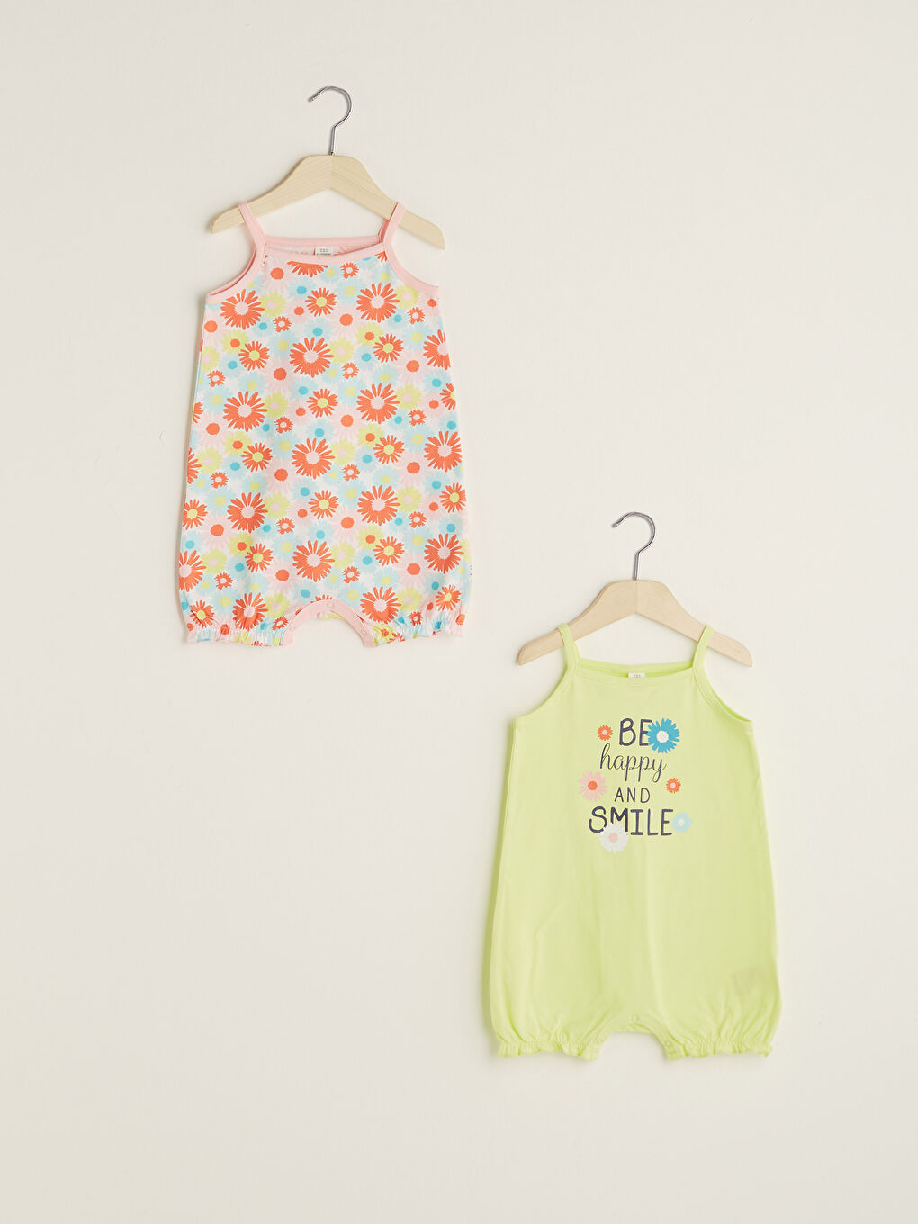 Yeşil Kare Yaka Askılı Baskılı Kız Bebek Tulum 2'li