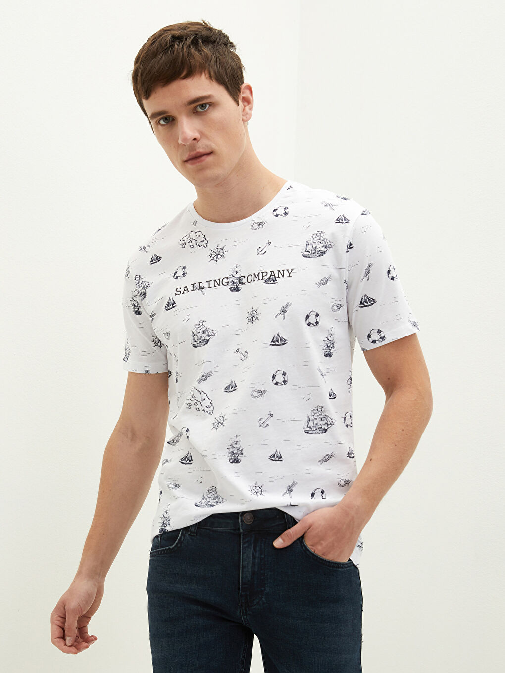 Beyaz Bisiklet Yaka Kısa Kollu Baskılı Penye Erkek Tişört-5