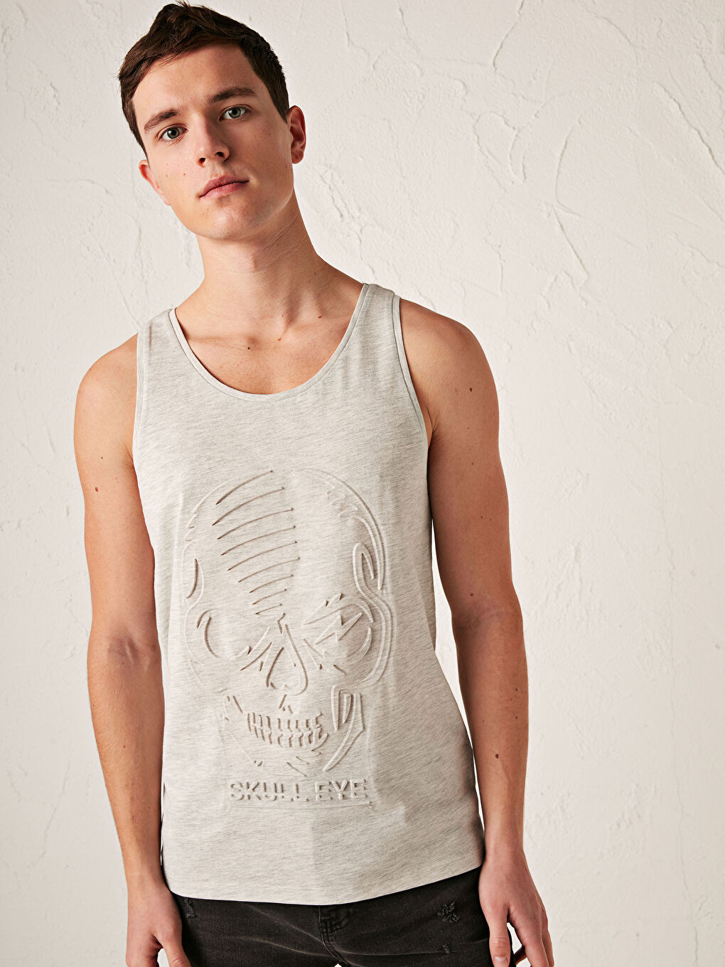 Gri Bisiklet Yaka Baskılı Pamuklu Erkek Kolsuz Tişört-1