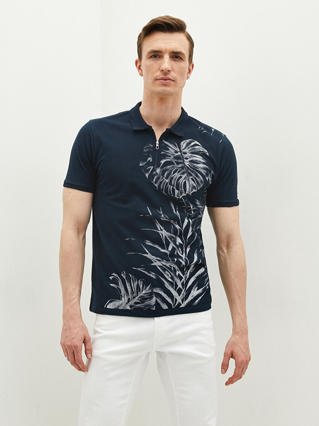 Lacivert Polo Yaka Kısa Kollu Baskılı Pike Erkek Tişört