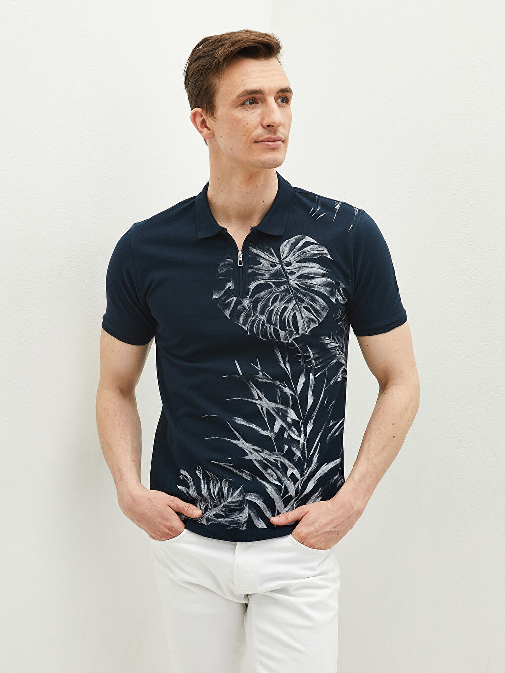 Lacivert Polo Yaka Kısa Kollu Baskılı Pike Erkek Tişört-1